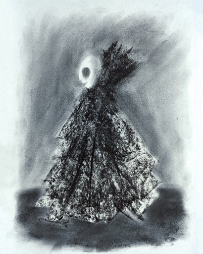 Spooky charcoal drawing of a pale countess in a black, filigree dress; layers of black tulle suffocating her every move.