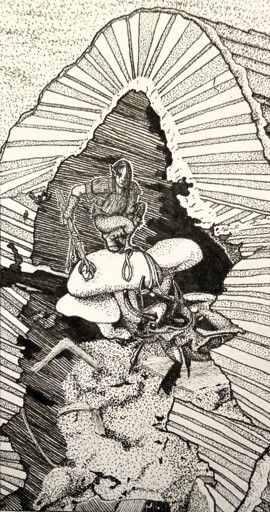 black ink fineliner drawing: inside of an overturned log, a fairy crouches on a mushroom, in one hand a stave and in the other, a leash attached to the horns of an ox beetle.