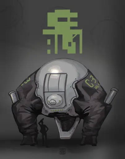 An concept art of giant (around 3x adult human size) tri-pedal robot of unknown purpose, but shaped as a ball on legs. The main body is whiter than legs itself, and it have green writings on the arms saying “C-3 AL-1”