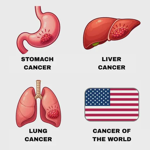 Illustrations of stomach, liver and lung cancers, followed by the USian flag as the "CANCER OF THE WORLD"