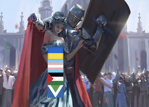 Knight protecting princess with "Ukraine, Transgender, Palestine and Vegan flags" on her from crowding throwing stuff meme.